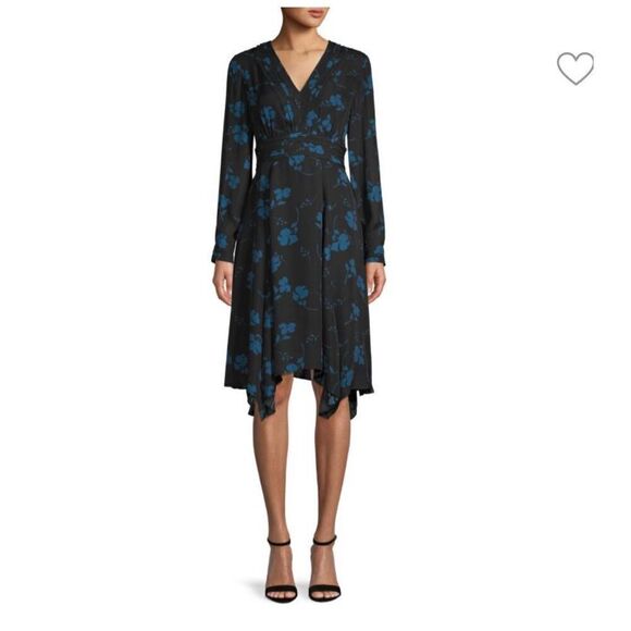 NWT Parker Evanna Pleated Women's Black Blue Floral Print V Neck Dress Size 00 - Picture 1 of 11